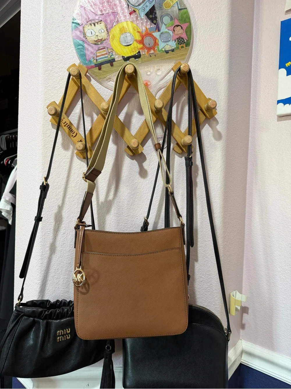 Michael Kors Brown Leather Crossbody Bag with Black Strap